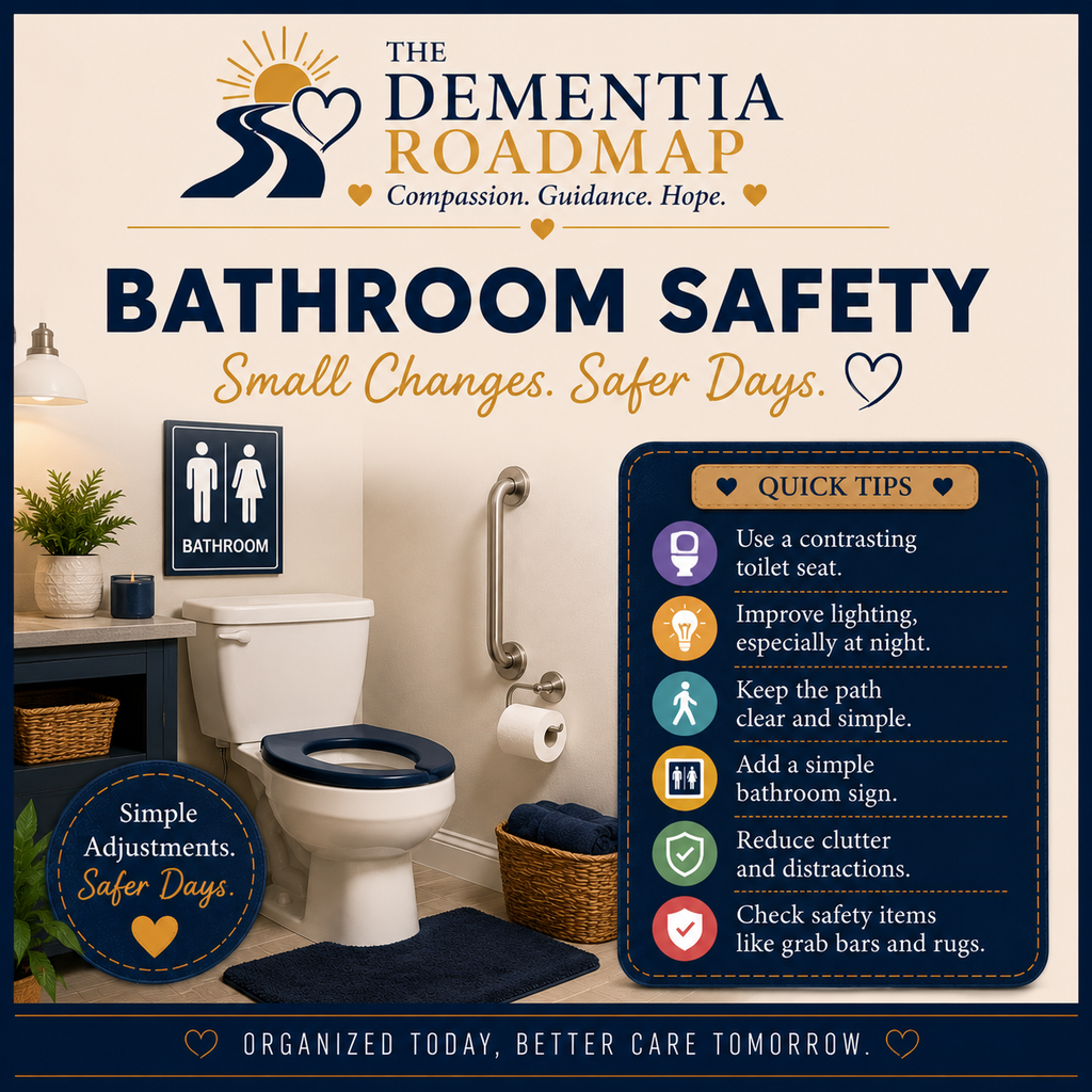 Bathroom safety tips for dementia caregivers, including a contrasting toilet seat, improved lighting, clear pathways, simple signage, reduced clutter, and grab bars.