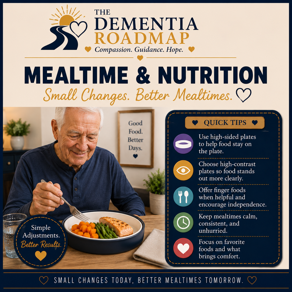Senior man eating from a high-sided plate, with dementia-friendly mealtime tips including plate contrast, finger foods, fewer distractions, and allowing extra time.