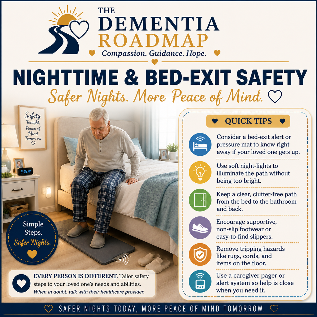 The Dementia Roadmap nighttime and bed-exit safety guide with tips for creating a safer nighttime environment for a person with dementia.