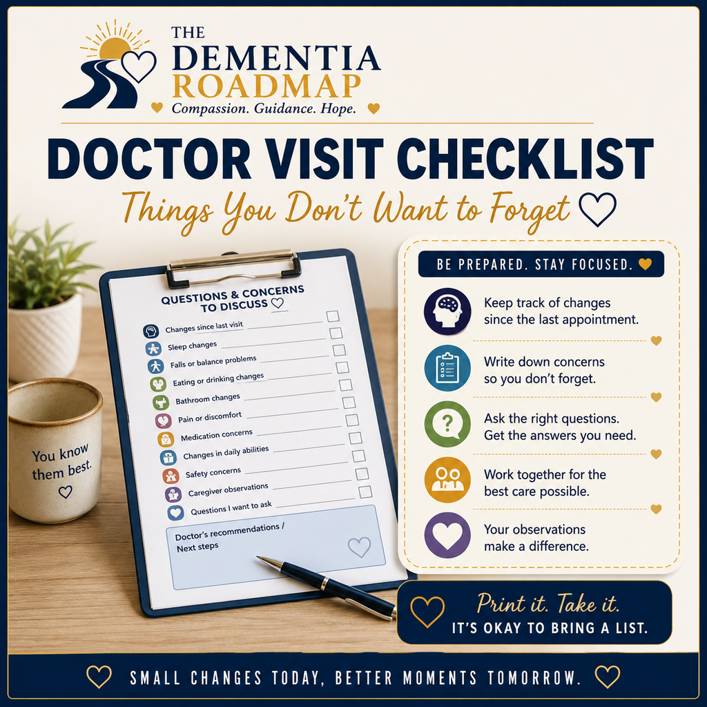 The Dementia Roadmap Doctor Visit Checklist to help dementia caregivers remember important changes, concerns, medications, safety issues, and questions to discuss with the doctor.